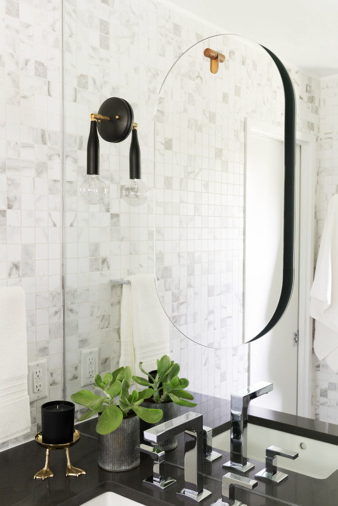 Bathroom - small contemporary kids' white tile and porcelain tile porcelain tile and white floor bathroom idea in Dallas with flat-panel cabinets, dark wood cabinets, a one-piece toilet, white walls, an undermount sink, quartz countertops and gray countertops