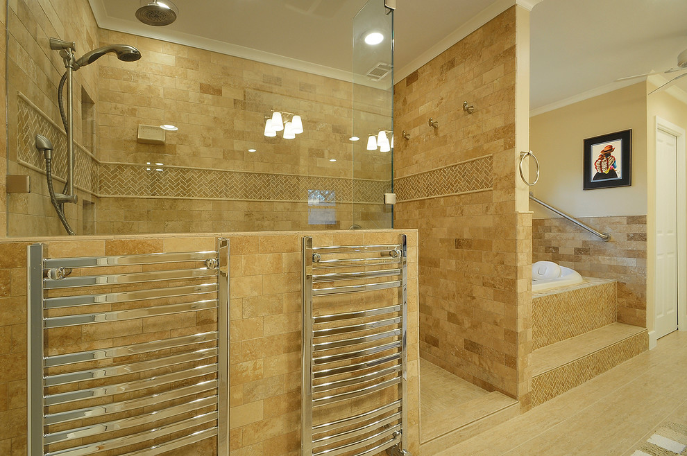 Design ideas for a classic bathroom in Austin with an alcove shower, beige tiles and metro tiles.