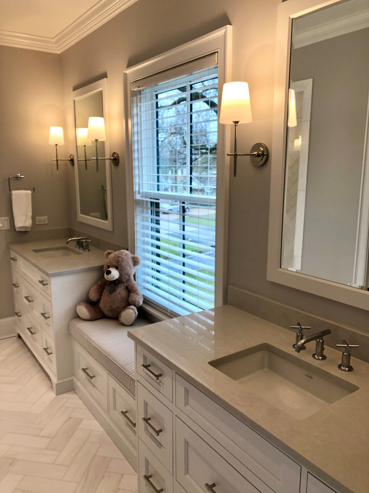 Inspiration for a mid-sized cottage kids' marble floor, white floor and double-sink alcove shower remodel in Chicago with recessed-panel cabinets, white cabinets, an undermount sink, quartz countertops, a hinged shower door, gray countertops and a built-in vanity