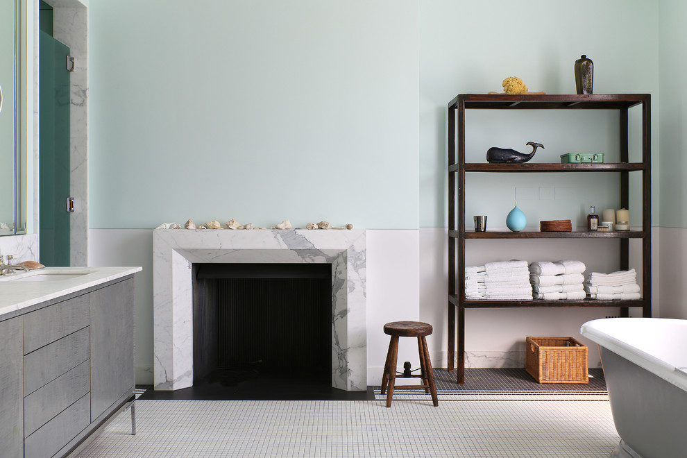 Elegant mosaic tile floor bathroom photo in London with an undermount sink, furniture-like cabinets, gray cabinets and blue walls