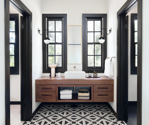 Modern Monochrome: Wood Vanity for Black and White Bathroom Storage