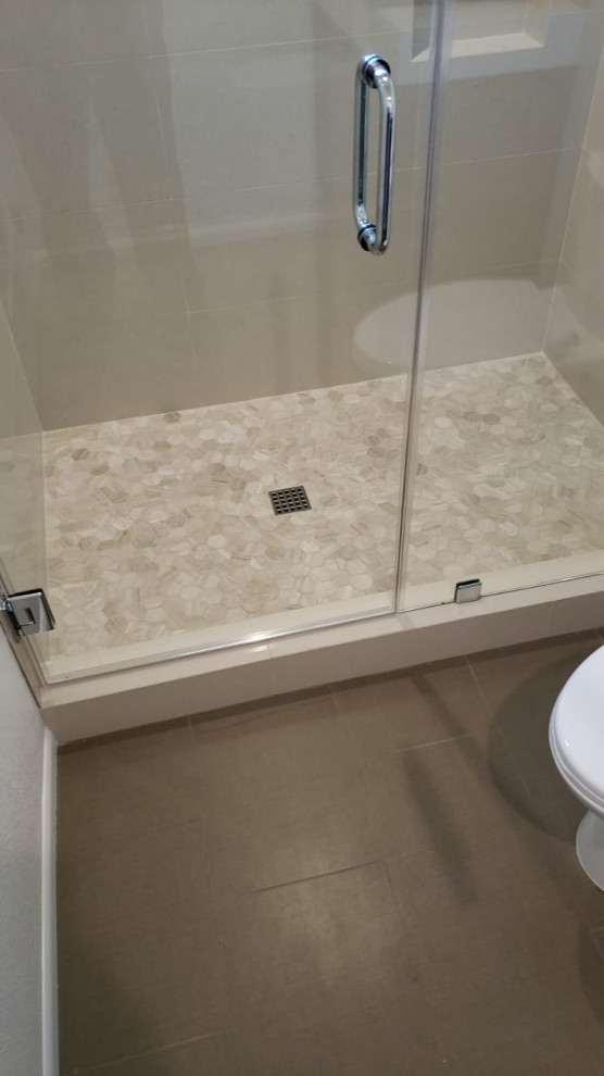 Idéer för att renovera ett mellanstort funkis badrum, med beige kakel, beige väggar, brunt golv och dusch med gångjärnsdörr