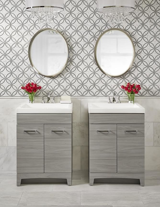Inspiration for a medium sized traditional ensuite bathroom in San Francisco with flat-panel cabinets, grey cabinets, multi-coloured walls, an integrated sink, engineered stone worktops and grey floors.