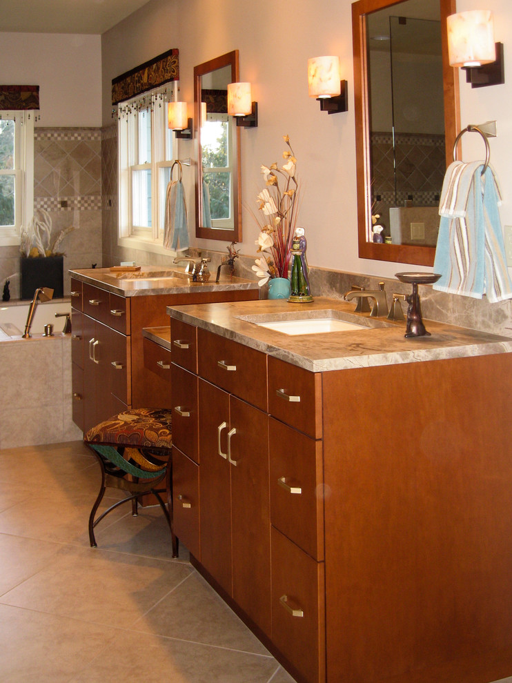 Large traditional ensuite wet room bathroom in Seattle with a submerged sink, flat-panel cabinets, medium wood cabinets, marble worktops, a submerged bath, a two-piece toilet, beige tiles, porcelain tiles, beige walls, porcelain flooring, brown floors, an open shower, brown worktops, double sinks, a built in vanity unit and a shower bench.