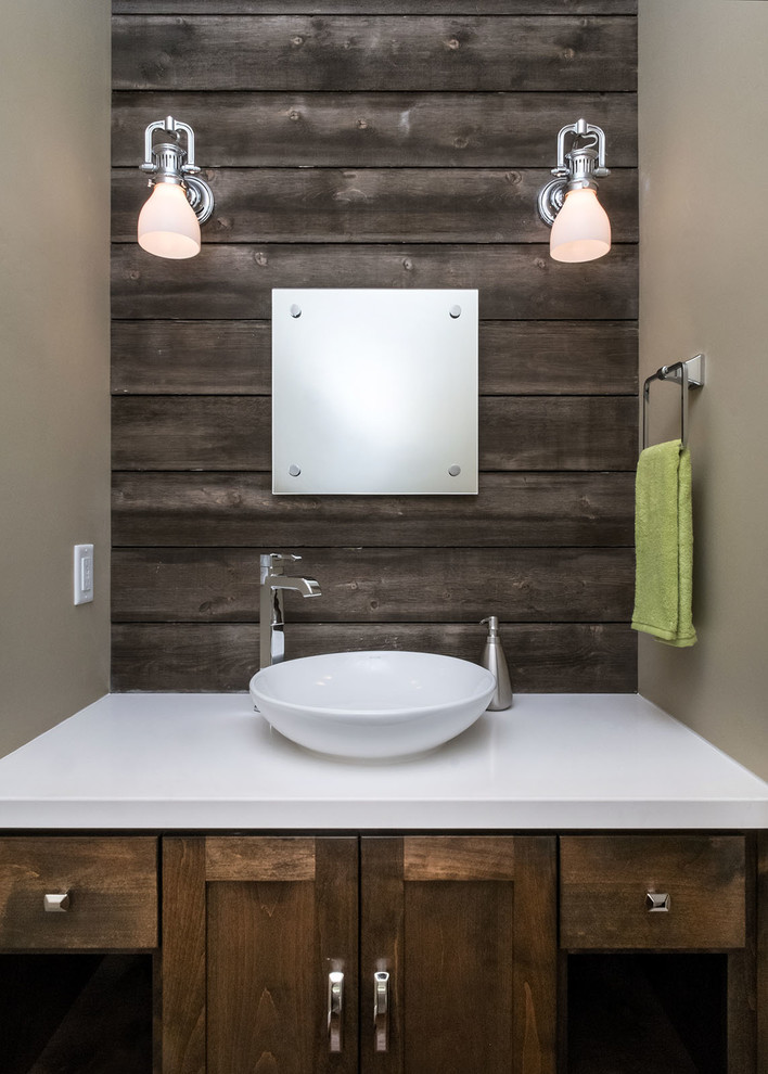 Example of a large trendy bathroom design in Portland with a vessel sink, dark wood cabinets, quartz countertops, shaker cabinets, a two-piece toilet, beige walls and white countertops