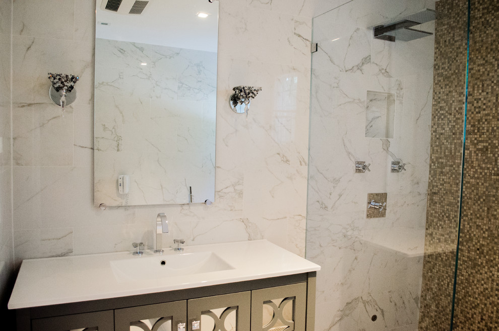 Minimalist white tile and porcelain tile bathroom photo in New York