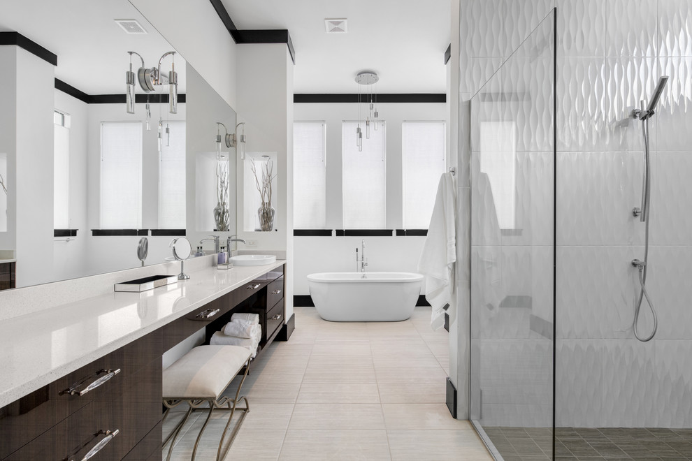 This is an example of a medium sized contemporary shower room bathroom in Orlando with flat-panel cabinets, dark wood cabinets, an alcove shower, a two-piece toilet, black and white tiles, porcelain tiles, white walls, porcelain flooring, a built-in sink and engineered stone worktops.