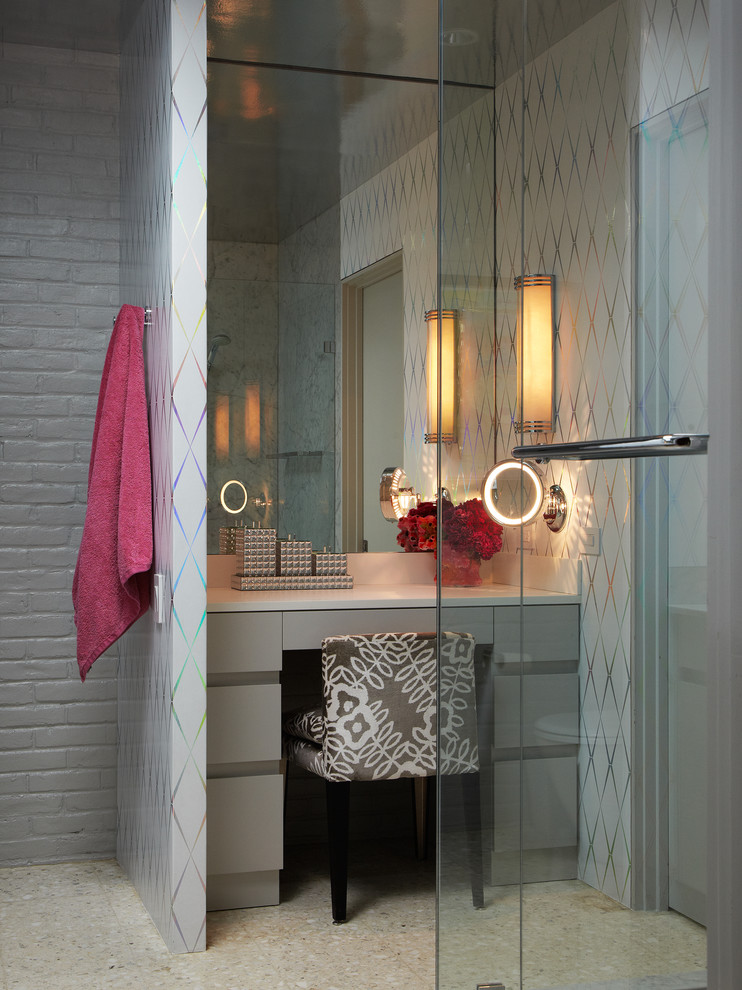 1950s gray tile and stone tile bathroom photo in Dallas with flat-panel cabinets and gray cabinets
