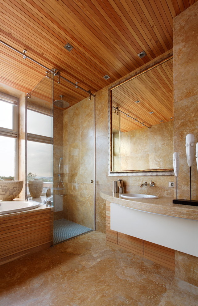Идея дизайна: ванная комната в современном стиле с накладной раковиной