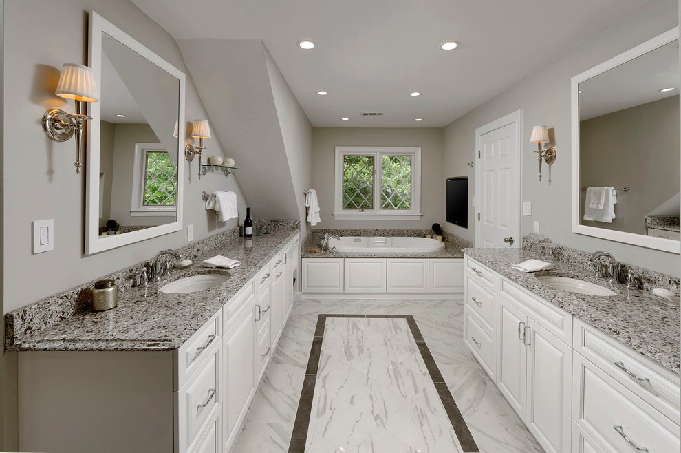 Bathroom - large traditional master white tile and porcelain tile porcelain tile bathroom idea in DC Metro with white cabinets, quartz countertops, gray walls, an undermount sink, raised-panel cabinets and a two-piece toilet