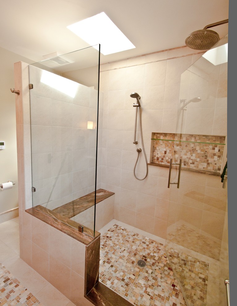 Example of a large arts and crafts master beige tile and ceramic tile mosaic tile floor double shower design in San Francisco with a drop-in sink, recessed-panel cabinets, medium tone wood cabinets, granite countertops, a two-piece toilet and white walls