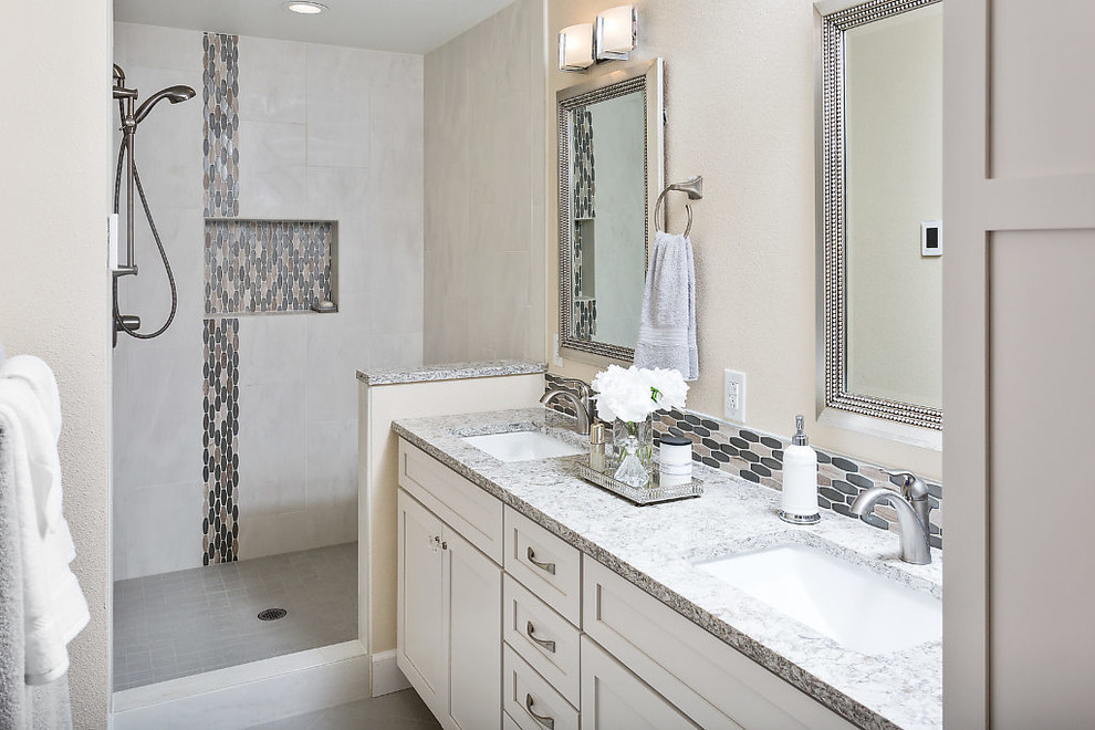 Transitional bathroom photo in Other with shaker cabinets, white cabinets, beige walls, an undermount sink and quartz countertops