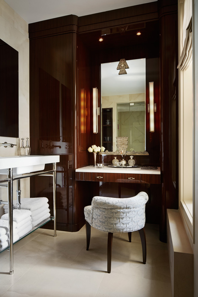 Foto de cuarto de baño contemporáneo con puertas de armario marrones, paredes beige, lavabo tipo consola y suelo beige