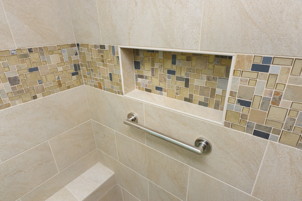 Medium sized classic ensuite bathroom in Portland with beige tiles and glass tiles.