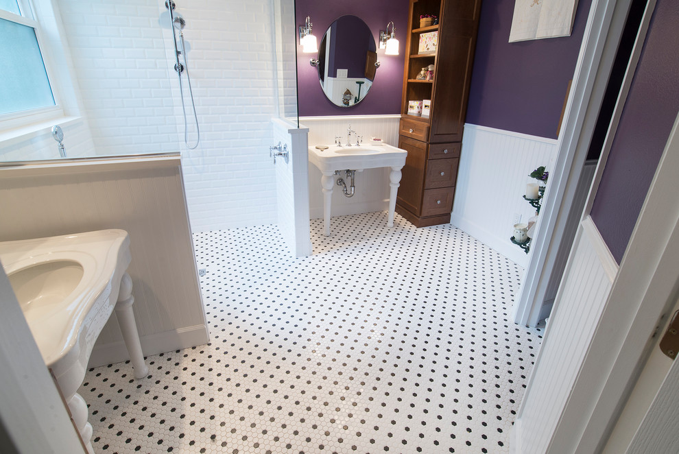Bathroom - mid-sized victorian master white tile and ceramic tile white floor bathroom idea in Orlando with furniture-like cabinets, purple walls and an undermount sink
