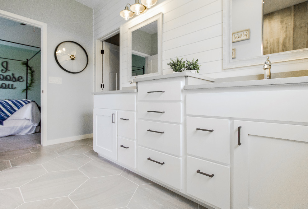 Inspiration for a medium sized traditional ensuite bathroom with an alcove shower, grey tiles, ceramic tiles, mosaic tile flooring, white floors, an open shower, recessed-panel cabinets, white cabinets, a two-piece toilet, a submerged sink, engineered stone worktops, grey worktops and green walls.