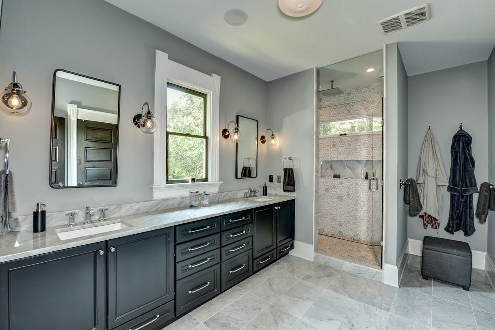 Alcove bathtub - small transitional white tile and ceramic tile ceramic tile alcove bathtub idea in Atlanta with flat-panel cabinets, gray cabinets, gray walls, an undermount sink and granite countertops