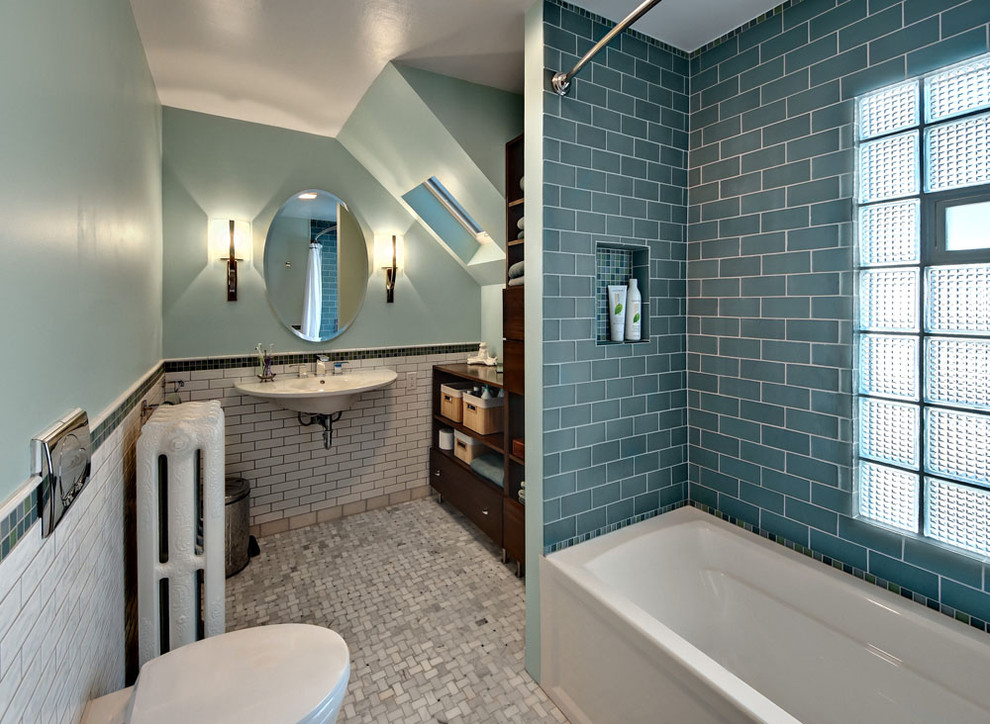 Design ideas for a small contemporary half tiled bathroom in Minneapolis with metro tiles, a wall-mounted sink, open cabinets, dark wood cabinets, a wall mounted toilet and feature lighting.