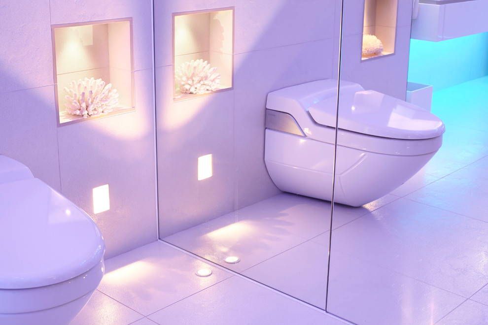 Réalisation d'une salle de bain design de taille moyenne pour enfant avec un carrelage blanc et un mur blanc.