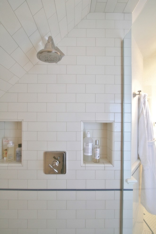 Example of a mid-sized arts and crafts white tile and subway tile ceramic tile alcove shower design in Other with an undermount sink, shaker cabinets, white cabinets, quartz countertops, a two-piece toilet and white walls