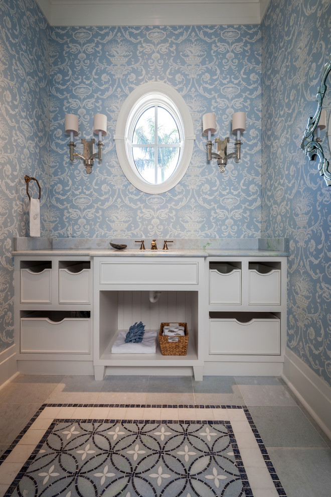 Inspiration for a timeless bathroom remodel in Miami with open cabinets and gray cabinets