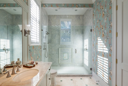 Timeless Coastal Charm: Traditional Bathroom with Coastal Wallpaper and Soft Green Tiles for Beach Bathroom Inspirations