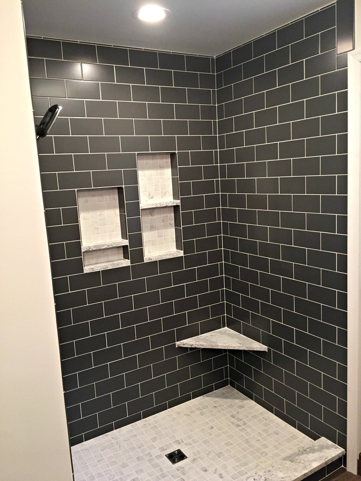 Inspiration for a mid-sized contemporary 3/4 black tile and subway tile dark wood floor doorless shower remodel in Philadelphia with shaker cabinets, white cabinets, a two-piece toilet, white walls, an undermount sink and granite countertops