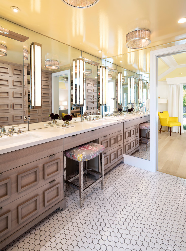 Design ideas for an expansive classic ensuite bathroom in Salt Lake City with beige cabinets, porcelain flooring, a submerged sink, white floors and white worktops.