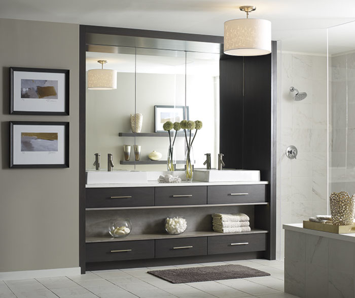 This is an example of a large contemporary ensuite bathroom in Other with flat-panel cabinets, grey cabinets, a built-in shower, grey walls, ceramic flooring, grey floors, an open shower and white worktops.