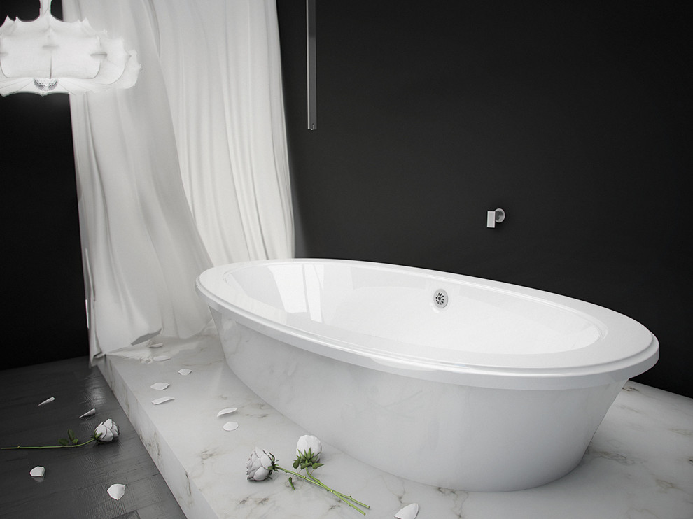 Foto de cuarto de baño principal moderno de tamaño medio con bañera exenta, paredes negras, suelo de baldosas de porcelana y suelo gris