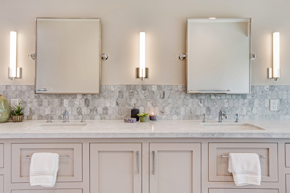Inspiration for a mid-sized timeless master gray tile and marble tile marble floor and white floor bathroom remodel in San Francisco with shaker cabinets, beige cabinets, an undermount tub, beige walls, an undermount sink, marble countertops and white countertops
