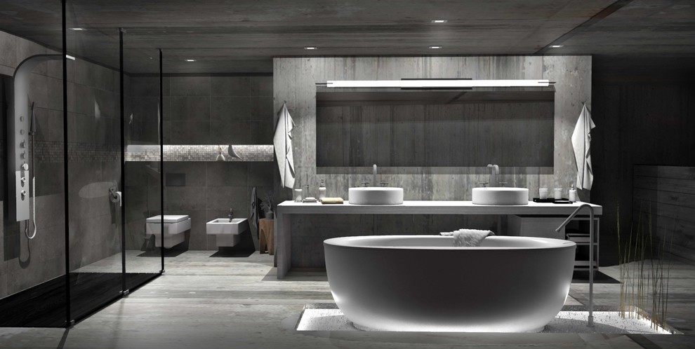 На фото: большая главная ванная комната в современном стиле с настольной раковиной, столешницей из ламината, отдельно стоящей ванной, открытым душем, инсталляцией, цементной плиткой, серыми стенами и бетонным полом с