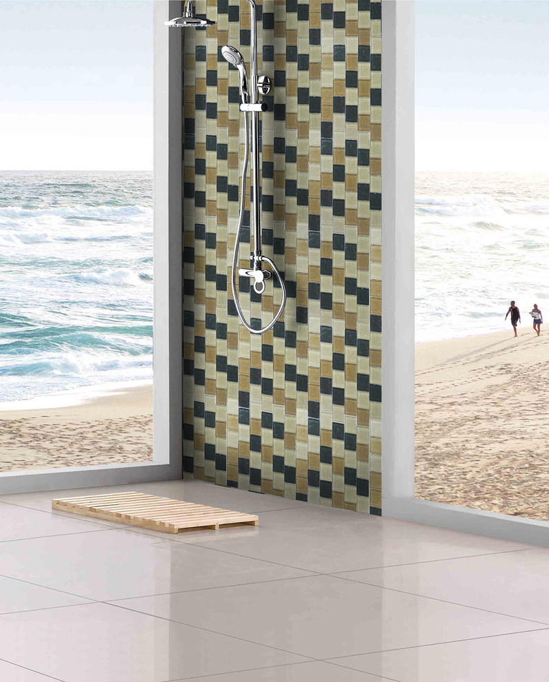 Example of a large trendy master beige tile and glass tile bathroom design in San Francisco