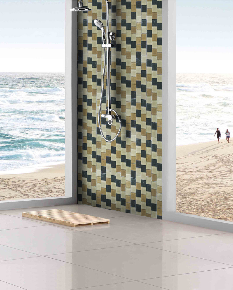 Open Shower Room With Amazonia 2X2 Glass Tile Backsplash - Contemporary ...