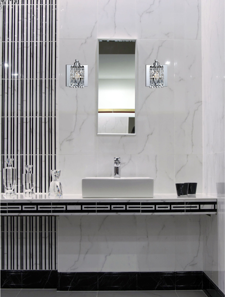 Idéer för att renovera ett mellanstort funkis badrum med dusch, med ett fristående handfat, marmorbänkskiva, flerfärgad kakel, stenkakel, vita väggar och marmorgolv