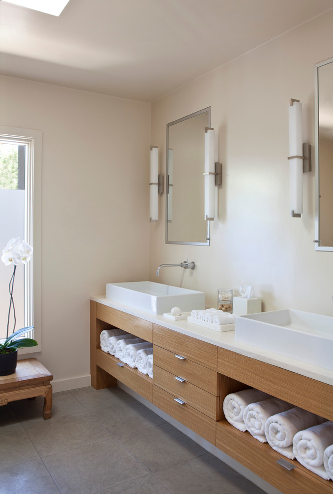 This is an example of a contemporary bathroom in Santa Barbara with white tiles.