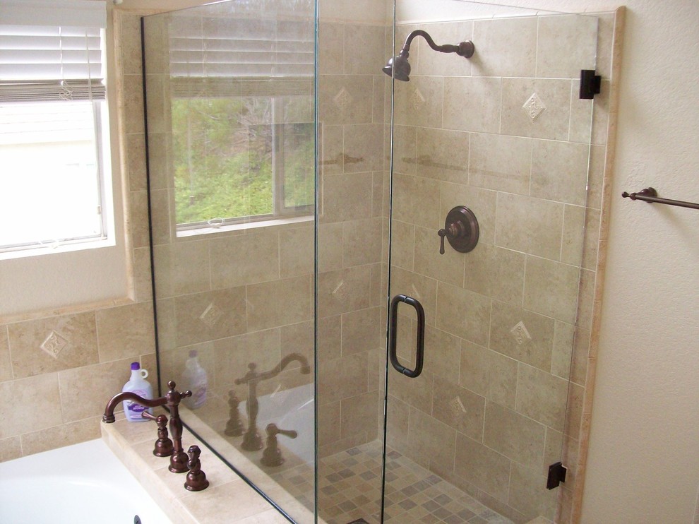 Large minimalist master beige tile and porcelain tile porcelain tile corner shower photo in Orange County with a vessel sink, raised-panel cabinets, dark wood cabinets, granite countertops, an undermount tub, a two-piece toilet and white walls