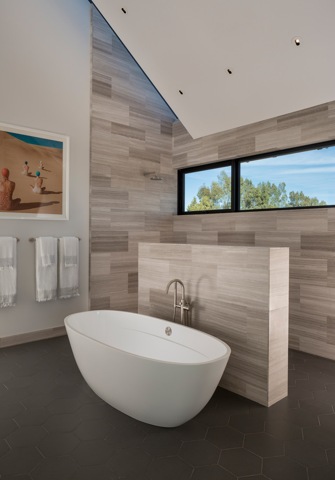 Bathroom - huge contemporary master brown tile and ceramic tile ceramic tile and gray floor bathroom idea in San Francisco with flat-panel cabinets, brown cabinets, a two-piece toilet, white walls, an undermount sink, marble countertops and white countertops