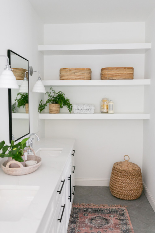 Modern Simplicity: White Vanity, Black Hardware, and the Allure of White Shelves