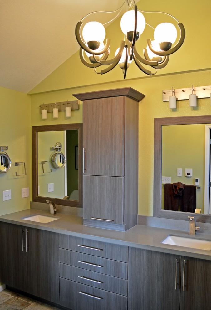Photo of a medium sized contemporary bathroom in Denver with green walls and porcelain flooring.