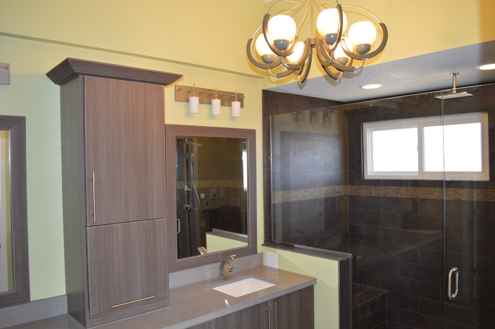 Foto de cuarto de baño actual de tamaño medio con paredes verdes y suelo de baldosas de porcelana