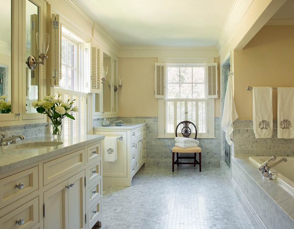 Large beach style master gray tile and subway tile mosaic tile floor bathroom photo in Boston with an undermount sink, beaded inset cabinets, white cabinets, marble countertops and yellow walls