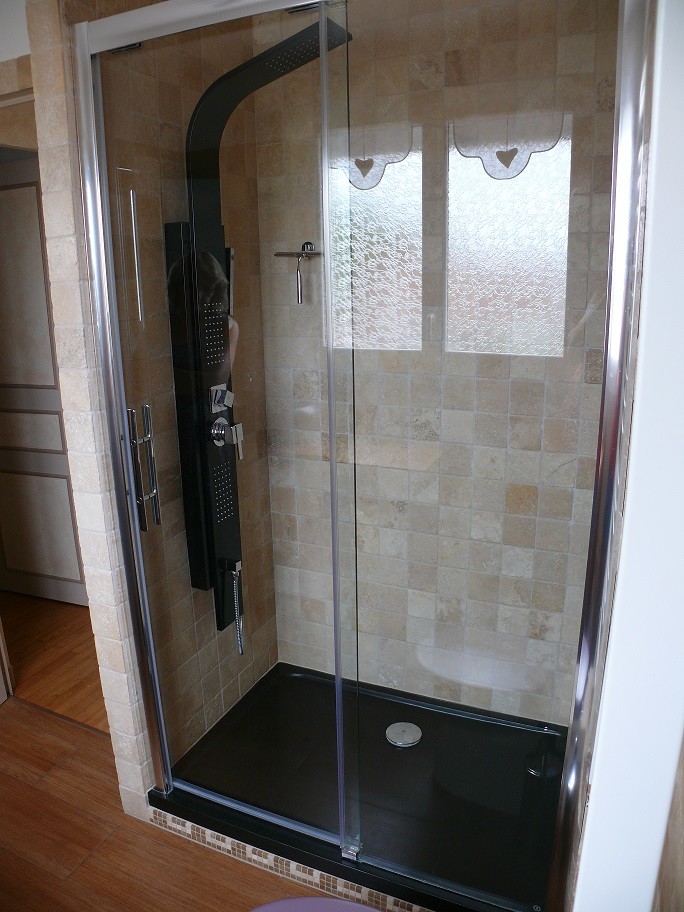 Tub/shower combo - large contemporary master tub/shower combo idea in Edinburgh with a trough sink