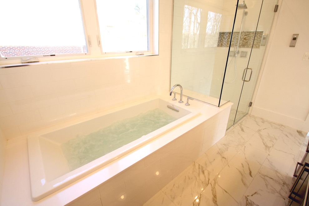 Bathroom - modern master white tile and porcelain tile porcelain tile bathroom idea in DC Metro with flat-panel cabinets, blue cabinets, a one-piece toilet, white walls, an undermount sink and quartz countertops