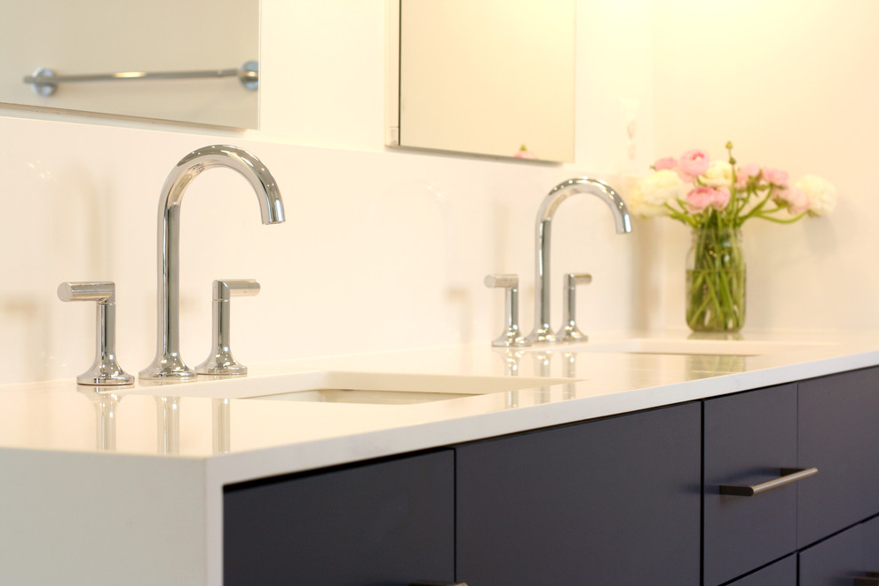 Kitchen - modern porcelain tile kitchen idea in DC Metro with flat-panel cabinets and blue cabinets