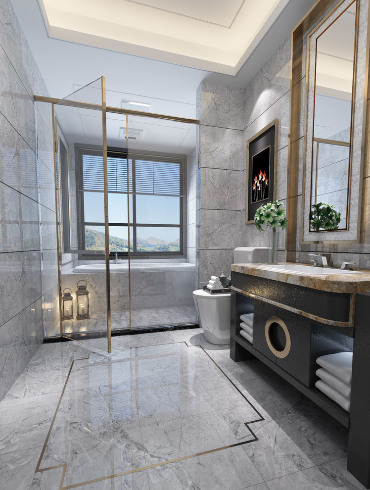 Mid-sized transitional master gray tile and stone tile marble floor and gray floor bathroom photo in Toronto with open cabinets, dark wood cabinets, a one-piece toilet, gray walls, a drop-in sink, marble countertops and a hinged shower door