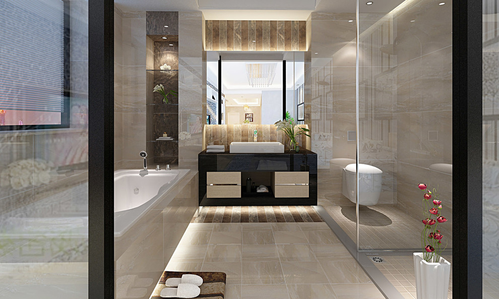 This is an example of a medium sized contemporary ensuite bathroom in Toronto with flat-panel cabinets, black cabinets, a built-in bath, a built-in shower, a one-piece toilet, beige tiles, grey tiles, porcelain tiles, beige walls, porcelain flooring, a vessel sink, solid surface worktops, beige floors and a sliding door.
