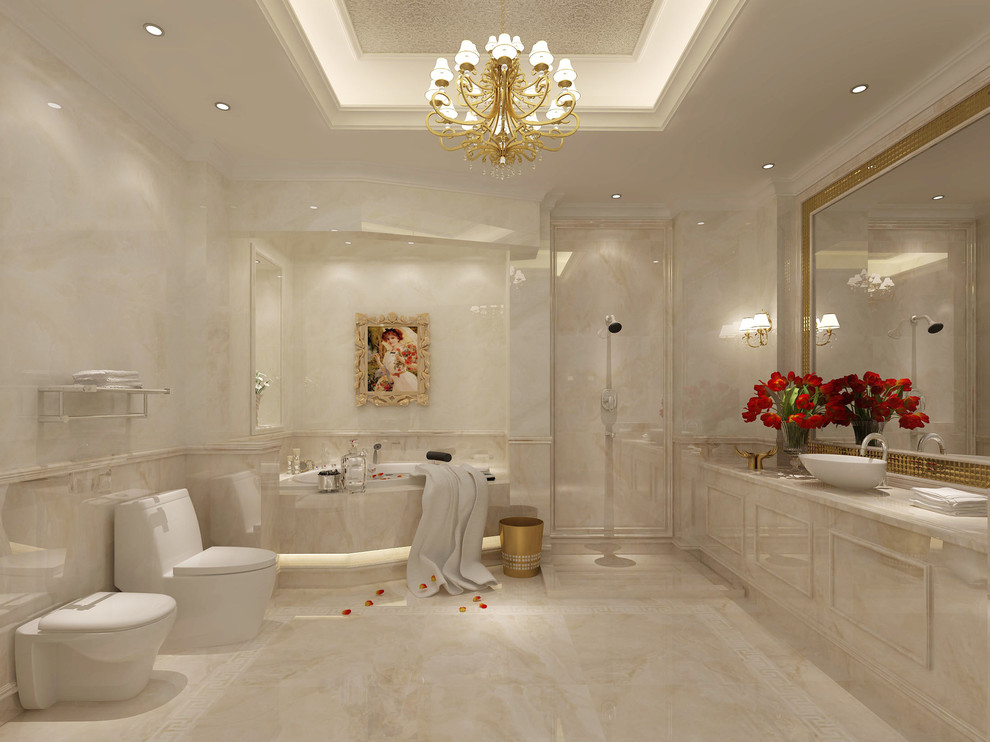 Large traditional ensuite bathroom in Toronto with beaded cabinets, beige cabinets, a corner bath, an alcove shower, a one-piece toilet, beige tiles, stone tiles, beige walls, marble flooring, a vessel sink, marble worktops, beige floors and a hinged door.
