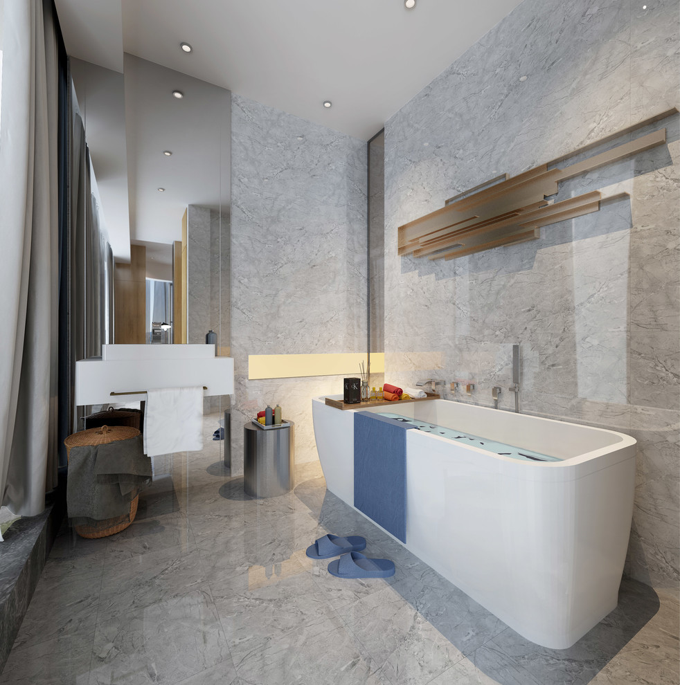 Пример оригинального дизайна: главная ванная комната среднего размера в стиле модернизм с плоскими фасадами, белыми фасадами, накладной ванной, душем в нише, серой плиткой, каменной плиткой, серыми стенами, мраморным полом, настольной раковиной, столешницей из искусственного камня, серым полом и шторкой для ванной