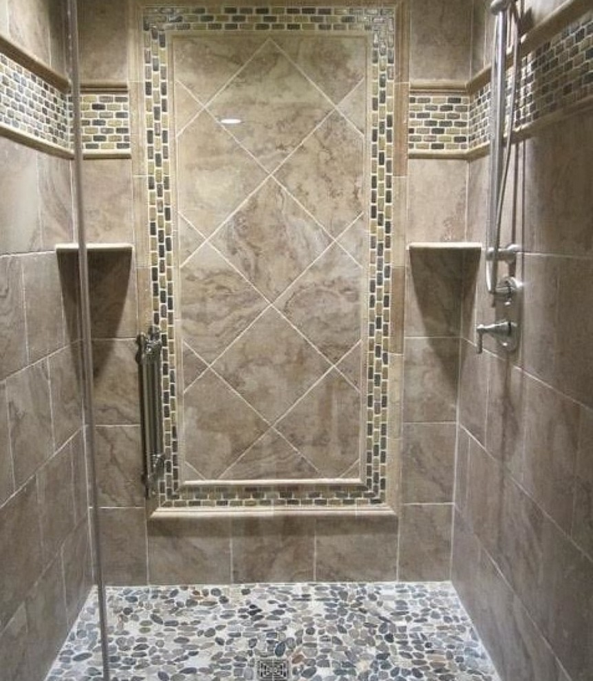 Design ideas for a large classic ensuite bathroom in Baltimore with an alcove shower, brown tiles, porcelain tiles, brown walls, pebble tile flooring, multi-coloured floors and a hinged door.